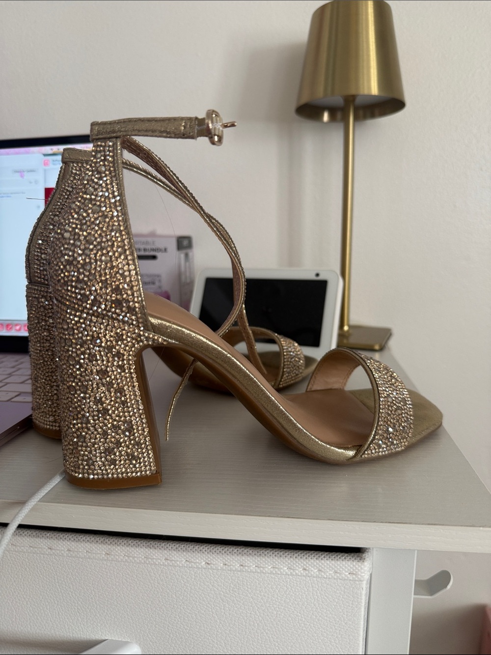 Kelly & Katie Gold Crystal-Embellished Block Heel Sandals